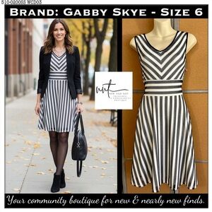 Gabby Skye Black & White Fit & Flare Dress Size 6 V-Neck, Zip Back, Stretch Mesh